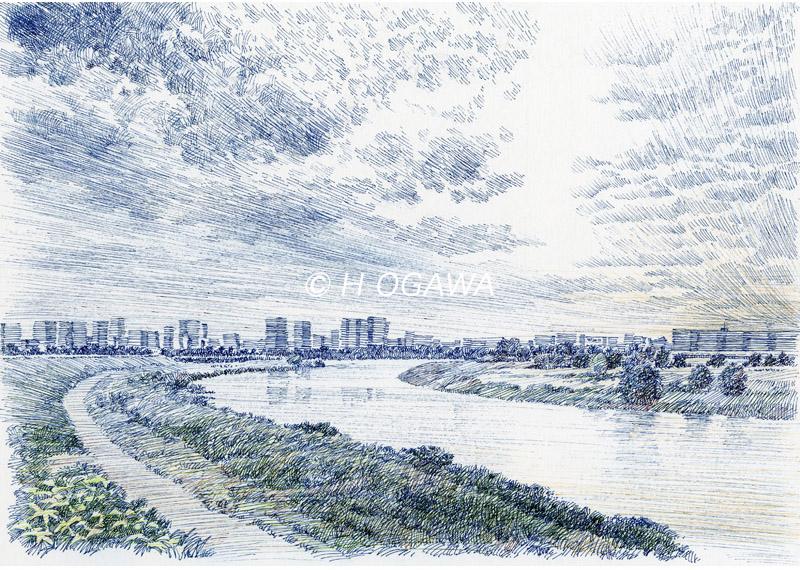 ボールペン画　多摩川景