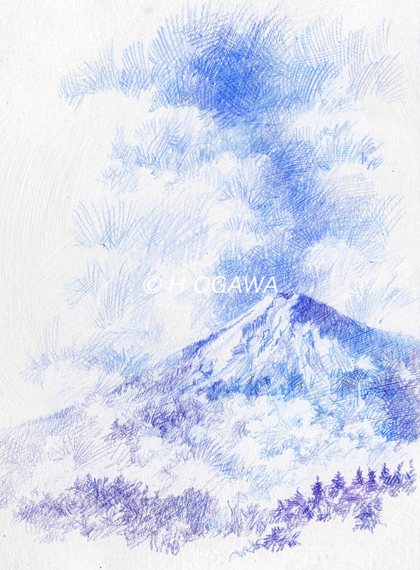 色鉛筆画、富士、冬